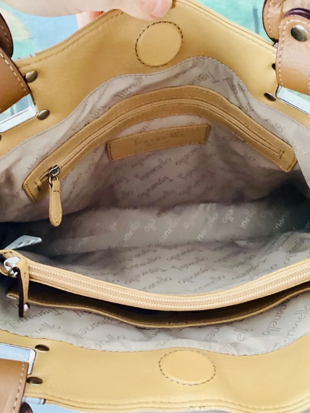 Tignanello Leather Yellow White Large Shoulder Purse Handbag Hobo Tote Summer